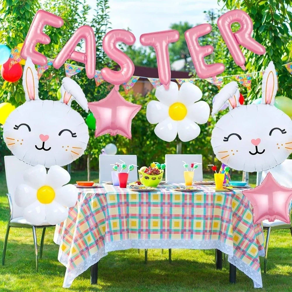 Pink Easter Balloon Kit Bunny Daisy Star Foil Banner Party Decorations 12pc
